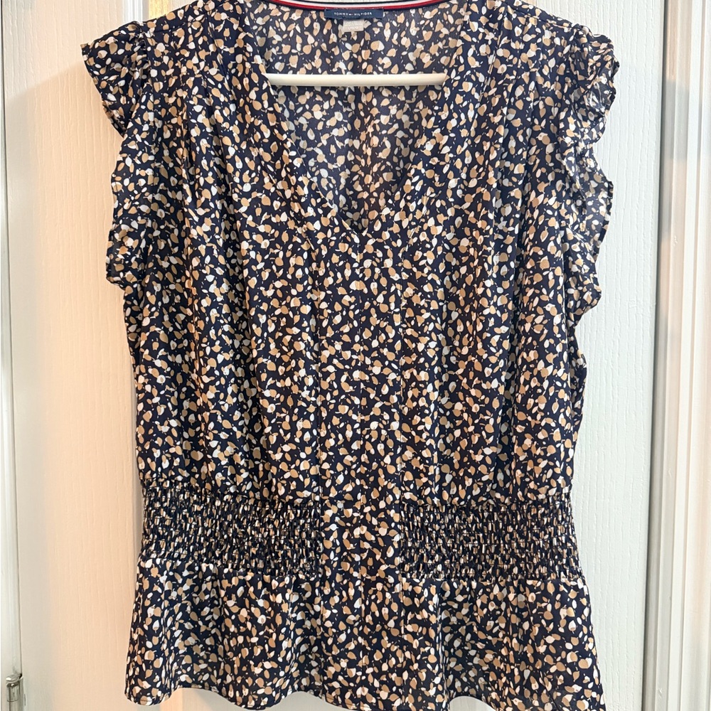 Tommy Hilfiger Blue and White Ruffle Sleeve Blouse